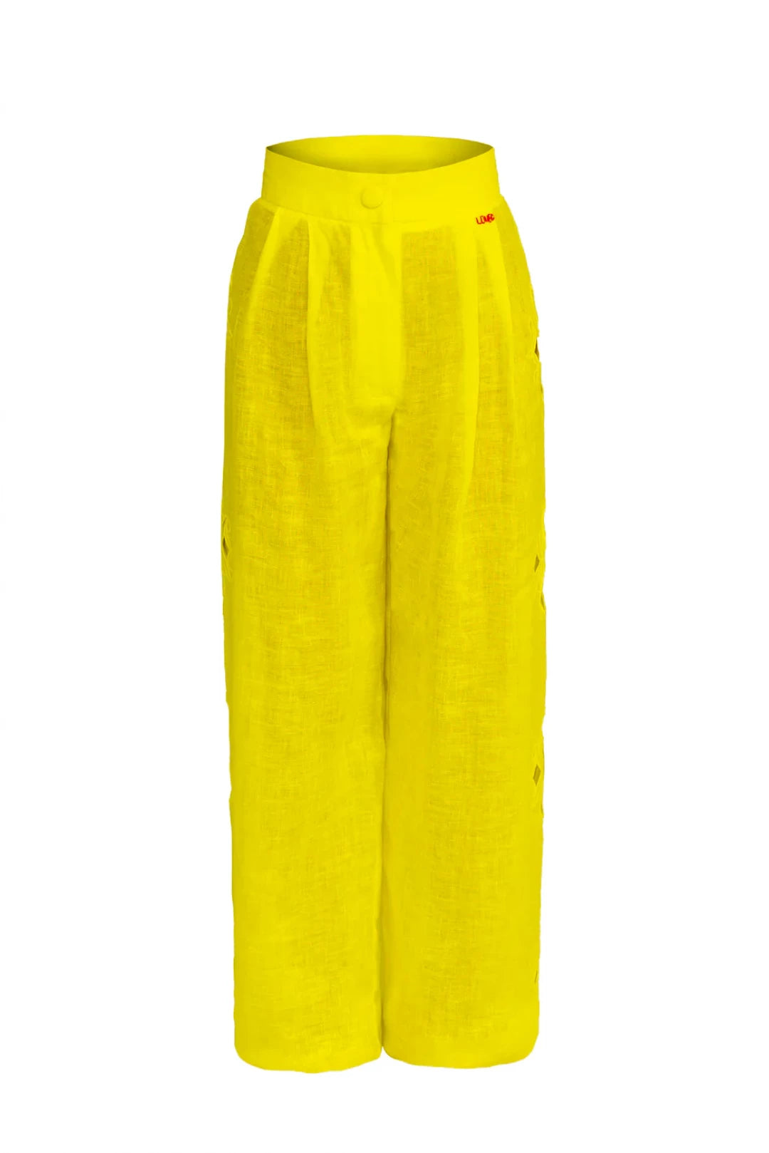 Pantaloni lungi galbeni din in cu decupaje