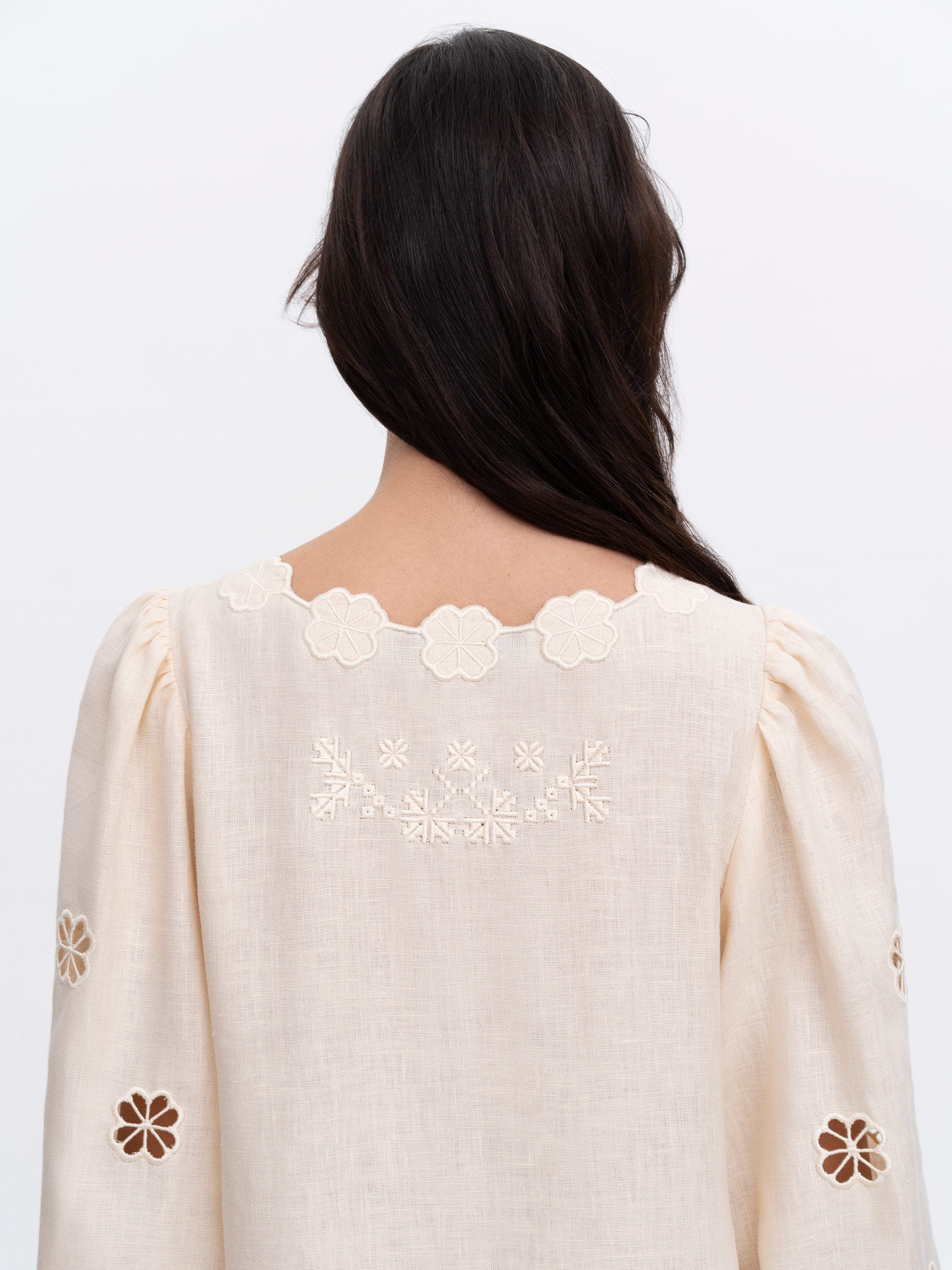 Beige Linen Embroidered Dress Yasmin