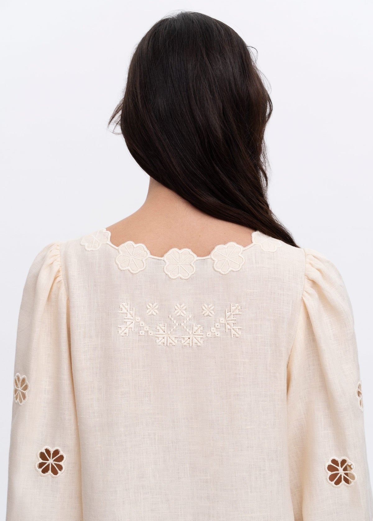 Bridal Beige Linen Embroidered Dress with Applied Floral Detail – Yasmin