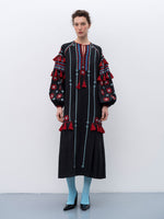 Load image into Gallery viewer, Black linen embroidered dress with contrasting ornaments and tassels Tera
