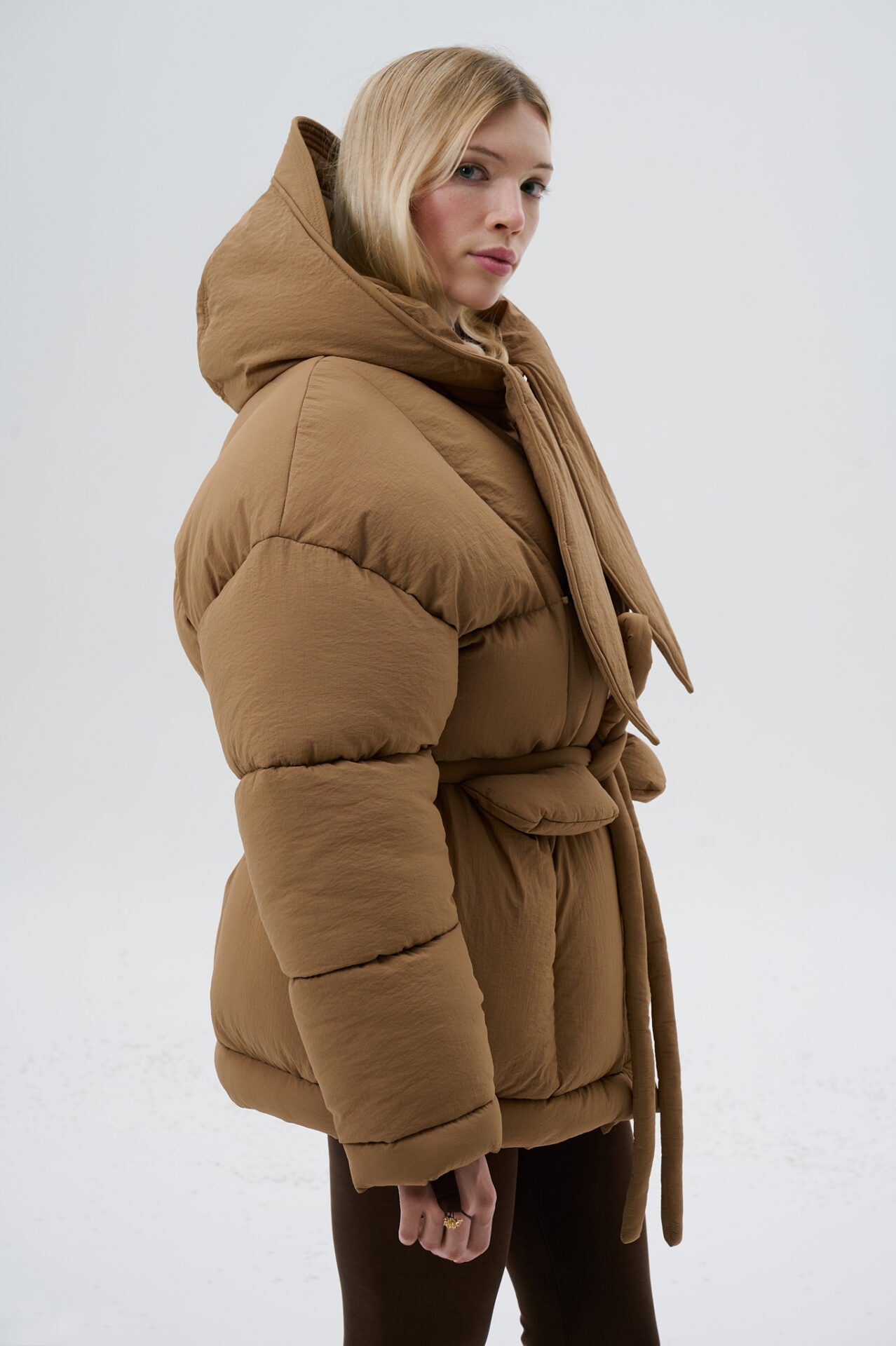 Hooded Puffer Jacket with Bunny Scarf Chocolate