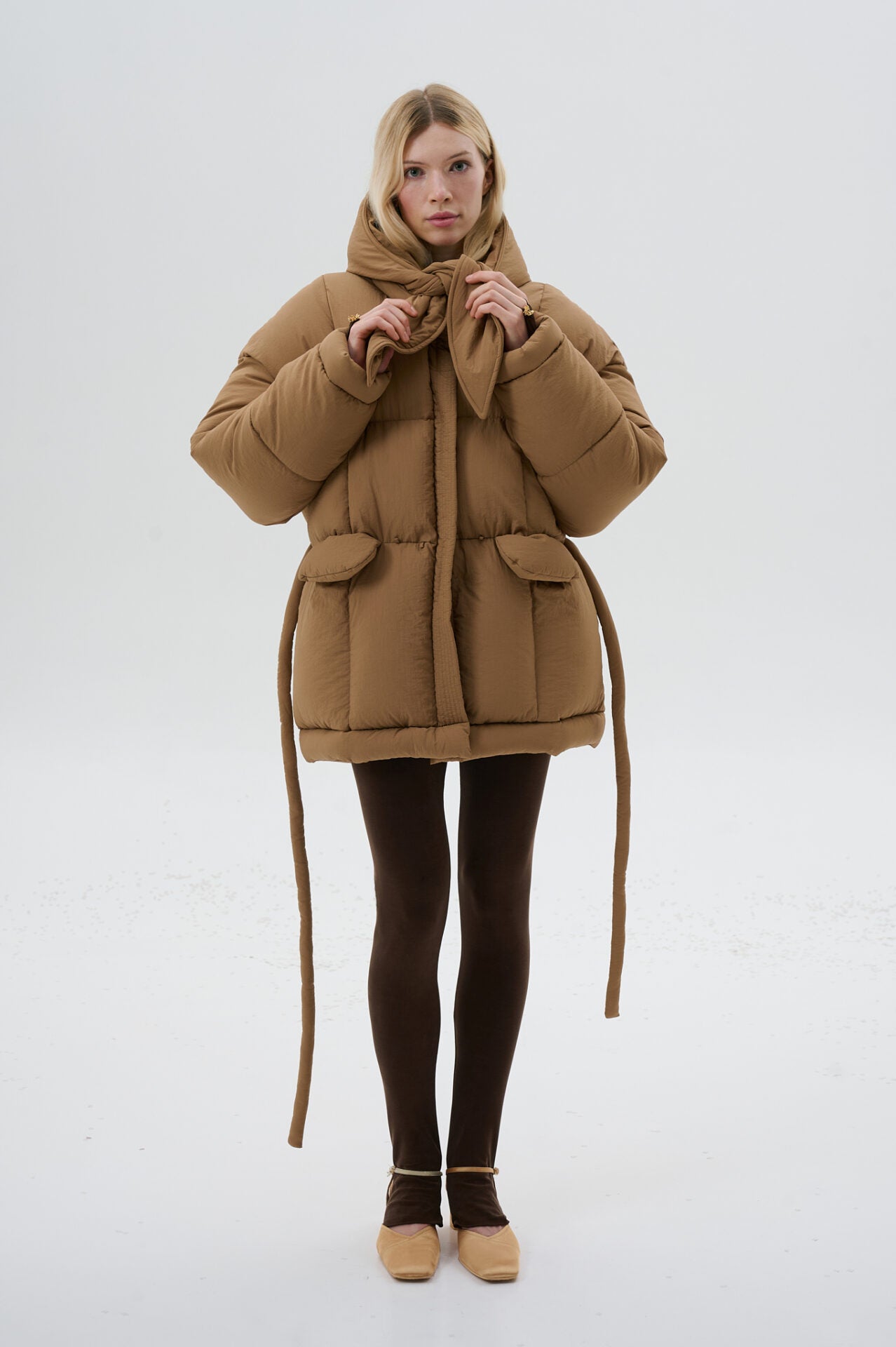 Hooded Puffer Jacket with Bunny Scarf Chocolate