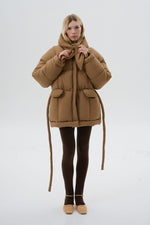 Load image into Gallery viewer, Hooded Puffer Jacket with Bunny Scarf Chocolate
