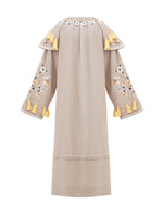 Load image into Gallery viewer, Beige linen embroidered dress with floral motifs and tassels Vesnyanka Beige
