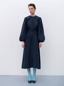 Rochie din in bleumarin cu broderie Pervotsvit