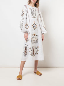 Embroidered midi linen light green dress with floral ornaments Lucilla