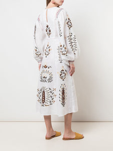 Embroidered midi linen light green dress with floral ornaments Lucilla