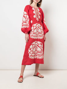Embroidered midi linen dress with ornaments Aelia