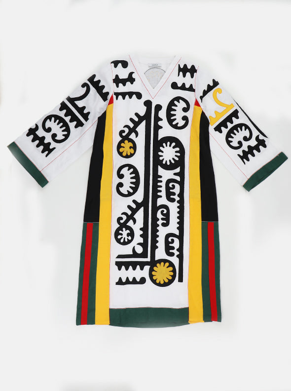 Embroidered White Linen Midi Dress with Delicate Ornaments – Camilla