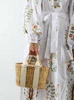 Load image into Gallery viewer, Embroidered midi linen light green dress with floral ornaments Lucilla
