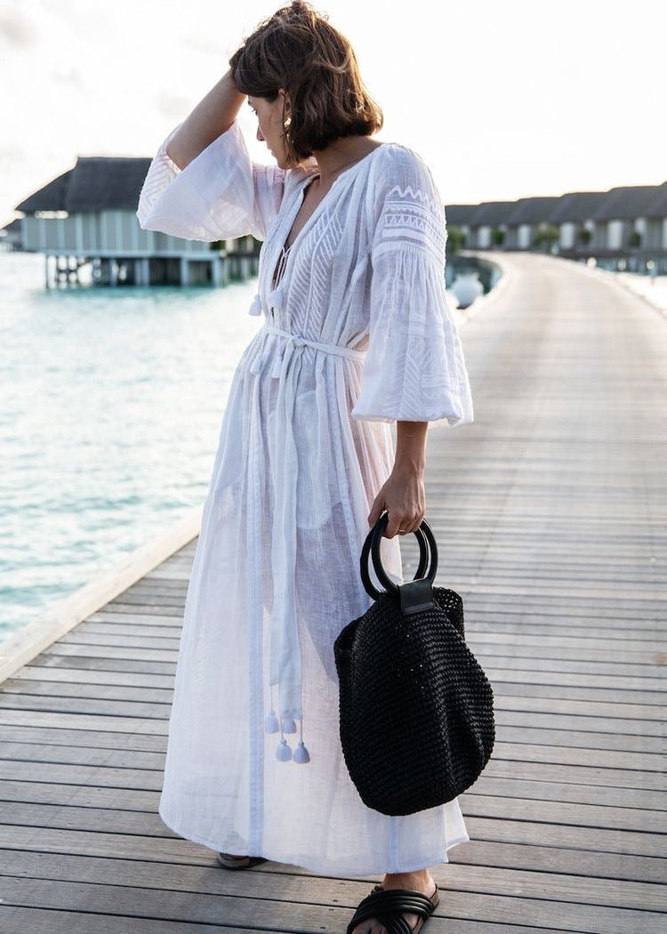 Soft Beige Linen Midi Dress with Decorative Embroidery – Iris