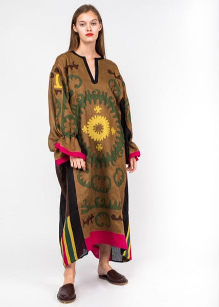 Embroidered midi linen brown dress with ornaments - Amina