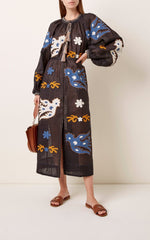Load image into Gallery viewer, Embroidered midi linen dress with ornaments Manarola
