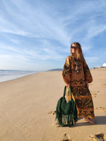Load image into Gallery viewer, Embroidered maxi linen brown dress with ornaments Namia
