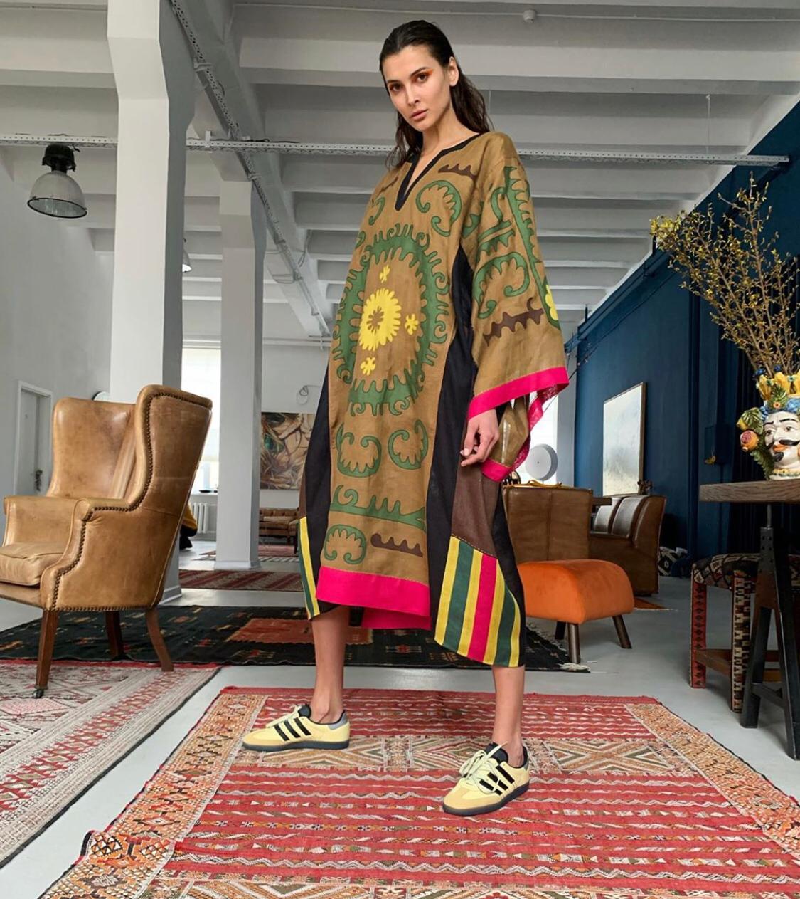 Embroidered midi linen brown dress with ornaments - Amina