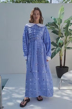 Load and play video in Gallery viewer, Embroidered midi linen light blue dress with ornaments Agatha
