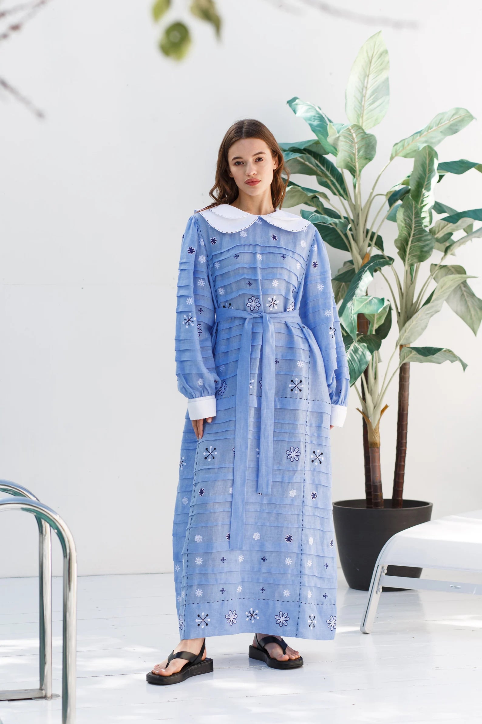 Embroidered midi linen light blue dress with ornaments Agatha