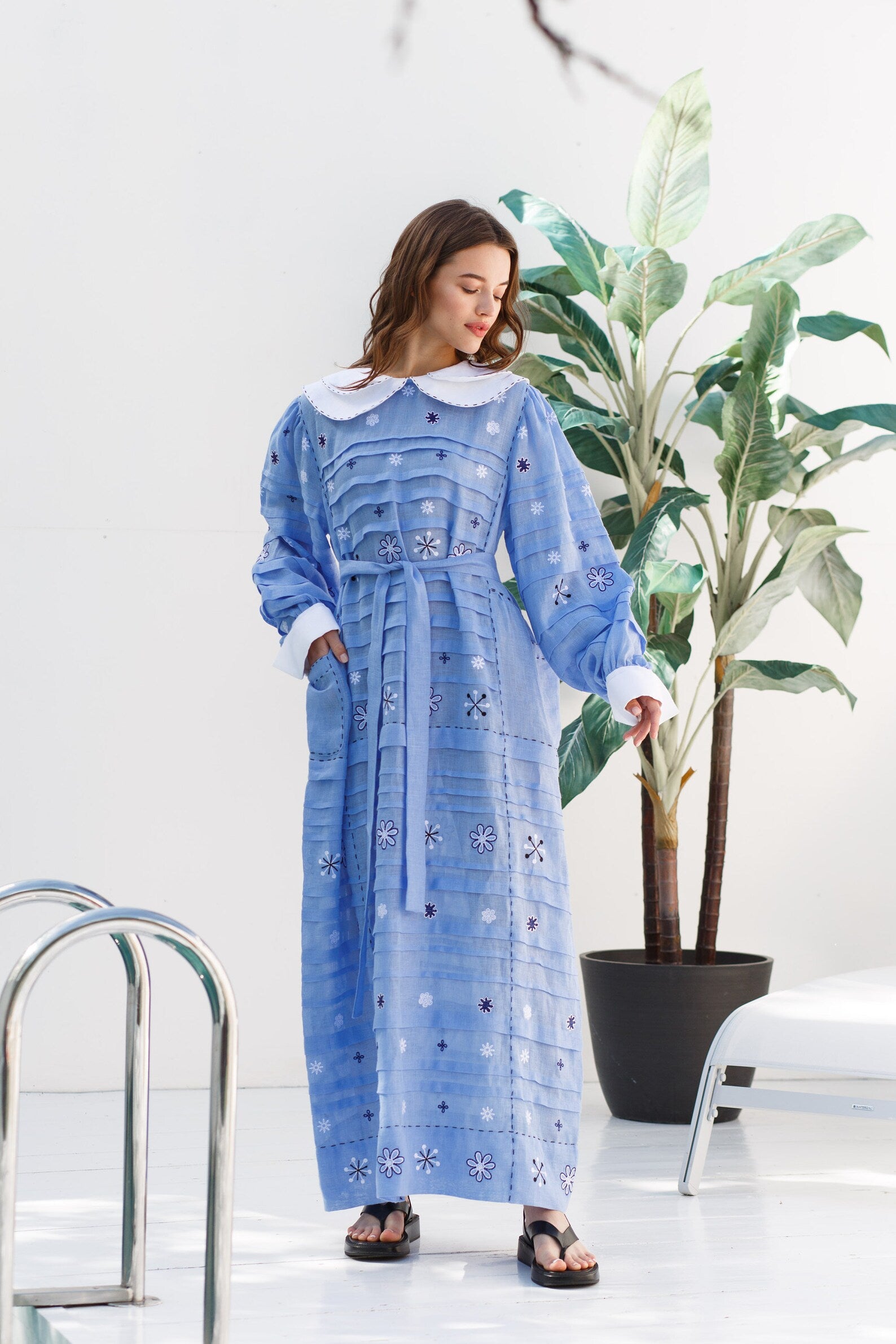 Natural Linen Embroidered Midi Dress – Agatha