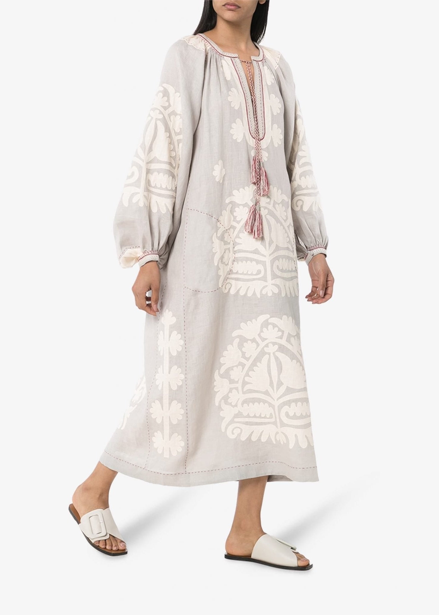 Natural Linen Midi Dress with Decorative Embroidery – Aelia
