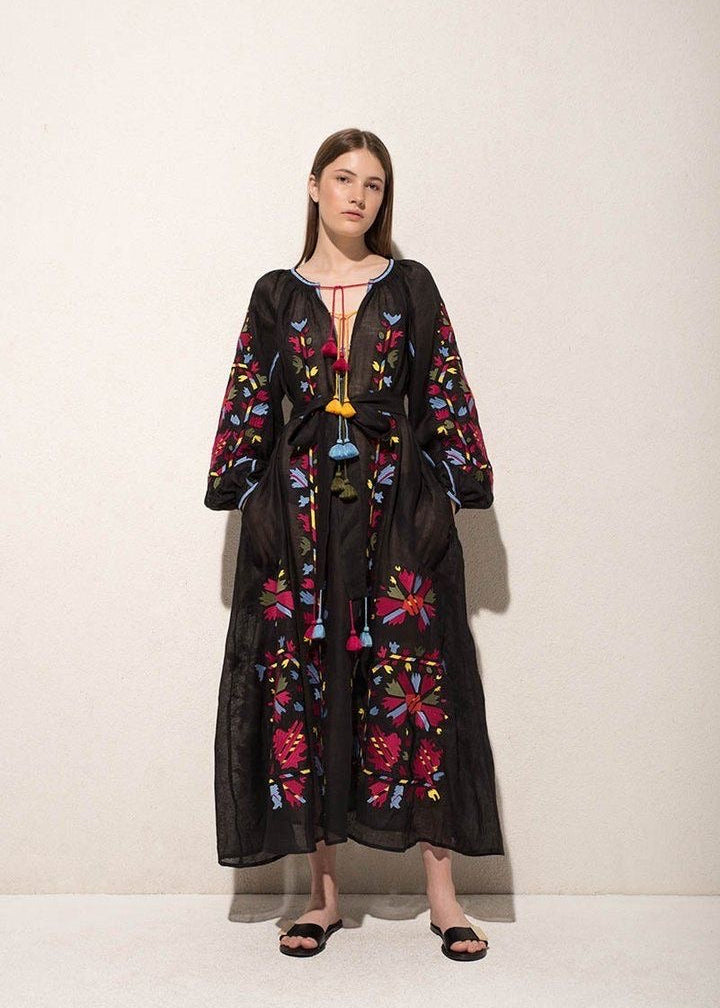 Black Linen Maxi Dress with Colorful Embroidery – Gloria
