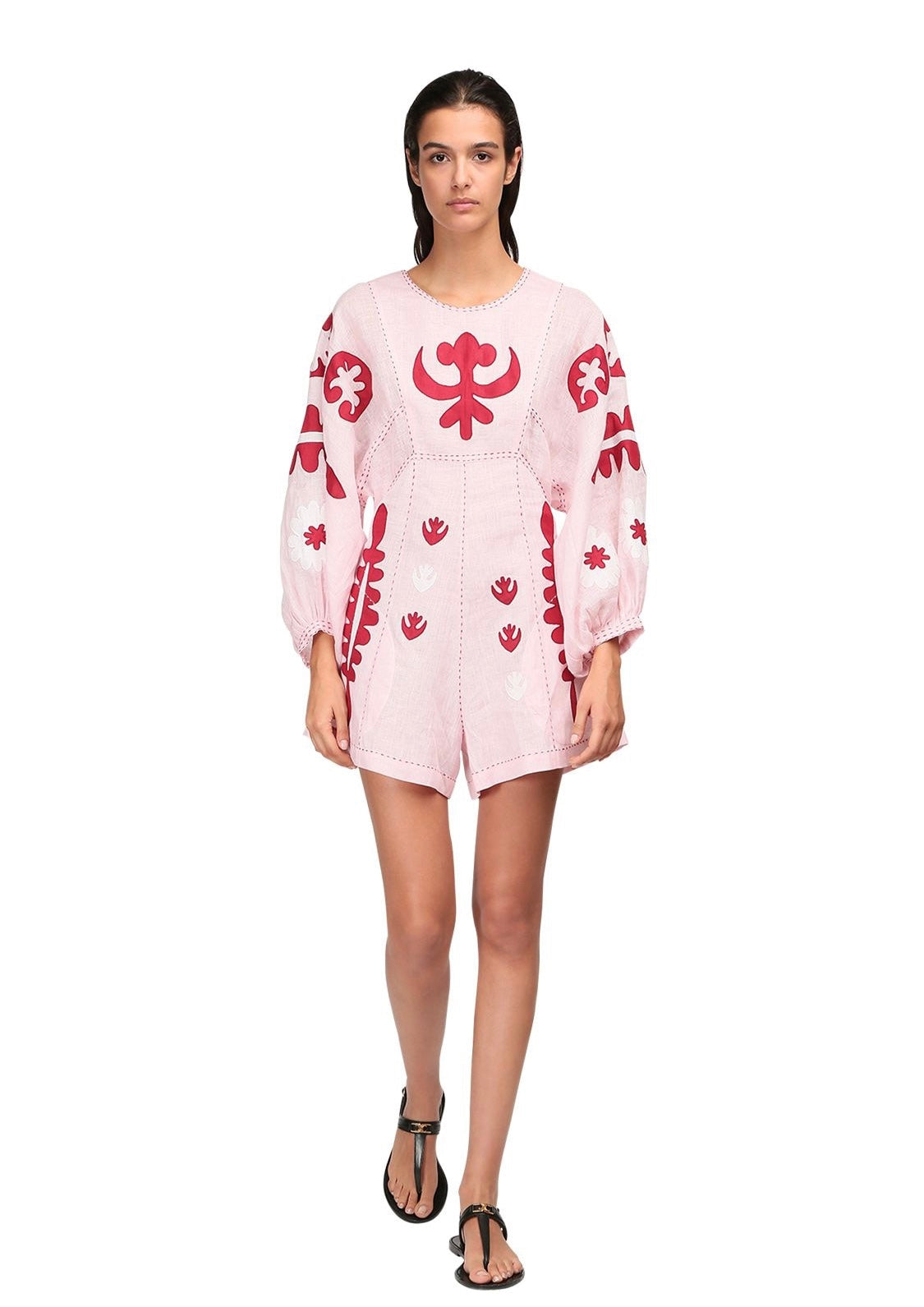Embroidered short linen light pink jumpsuit with ornaments Pheme