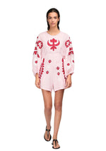 Load image into Gallery viewer, Embroidered short linen light pink jumpsuit with ornaments Pheme
