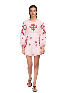 Embroidered short linen light pink jumpsuit with ornaments Pheme