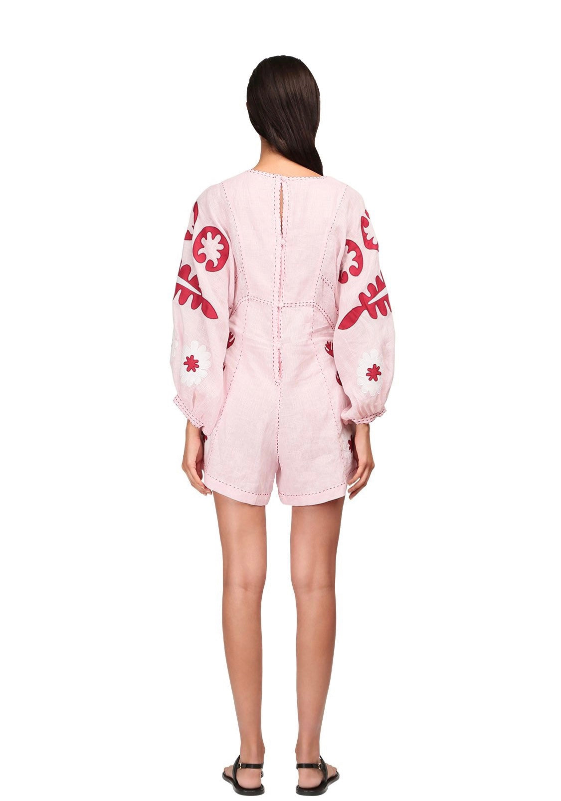 Embroidered short linen light pink jumpsuit with ornaments Pheme