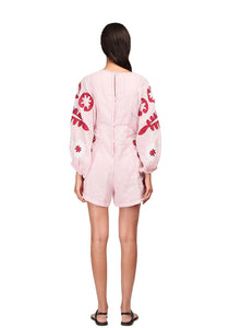 Embroidered short linen light pink jumpsuit with ornaments Pheme
