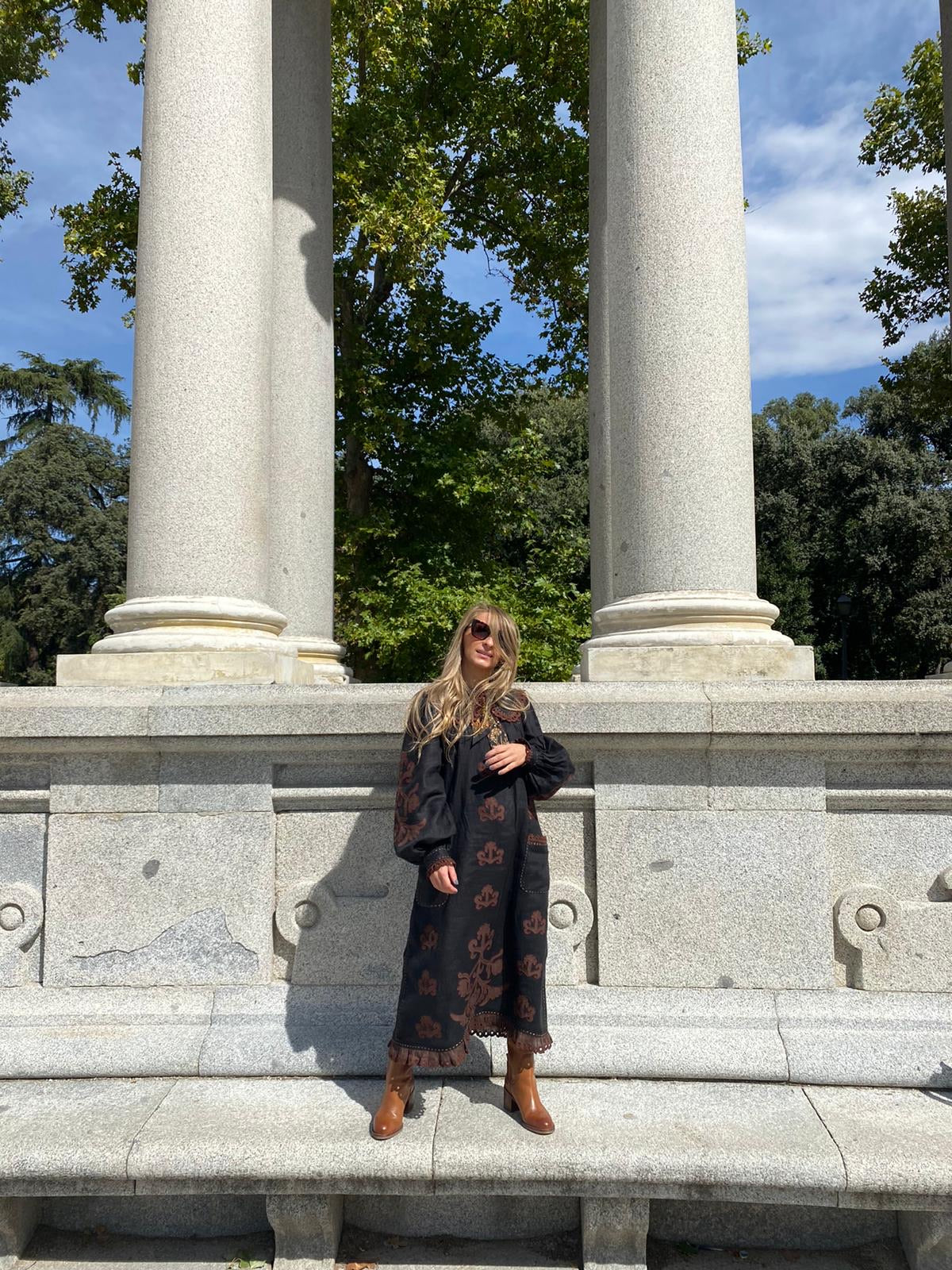 Natural Linen Black Midi Dress with Embroidered Details – Doris